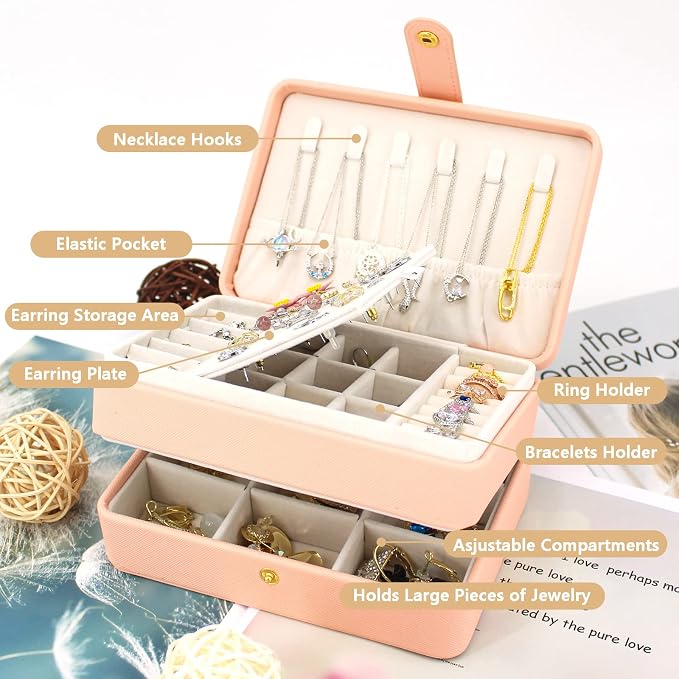 KOOAAICCHI Small Jewelry Box, Travel Jewelry Organizer, Portable Jewelry boxes for Women Girls Gift, Double Layers PU Leather Jewelry Holder for Rings, Earrings, Necklaces-Pink - Image 4