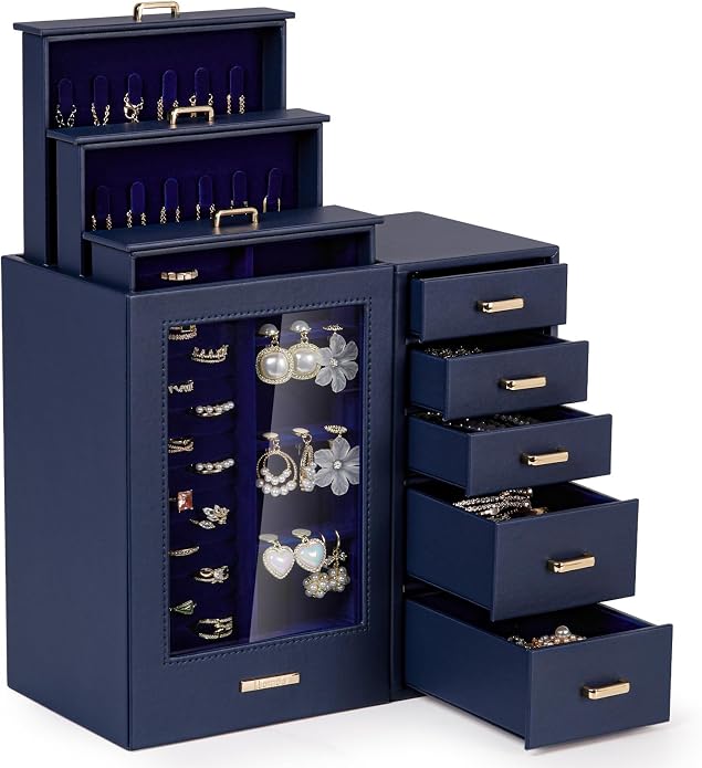 Homde Large Jewelry Box/Organizer/Case with Glass Window, Drawers for Necklaces Earrings Rings Bracelets Watches Gift for Women Girls by Homde