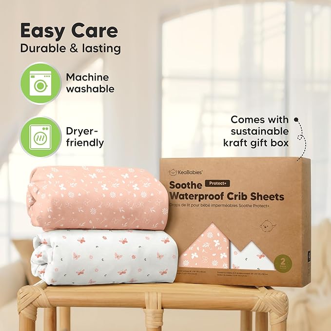 2-Pack Waterproof Crib Sheets for Boys, Girls - 52x28 Fitted Organic Cotton Baby Crib Sheets, Toddler Mattress Protector Cover, Washable, Soft & Durable Baby Bedding Essentials (Butterflies)