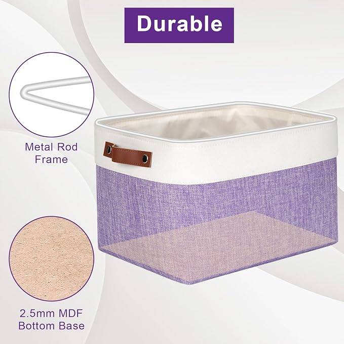 Bagnizer Storage Bins Large Fabric Storage Baskets for Shelves 3 Pack, Decorative Linen Closet Baskets with Handles for Organizing, Shelf, Clothes, Home, Office, 15x11x9.5Inches (Purple&White) - Image 4