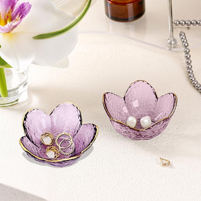 Gifts for Women Purple Flower Jewelry Dish Glass Ring Holder Decorative Jewelry Tray Cute Vanity Room Decor Aesthetic Nightstand Bathroom Decor Trinket Dish Friendship Birthday Christmas Gifts (2pcs) - Image 7