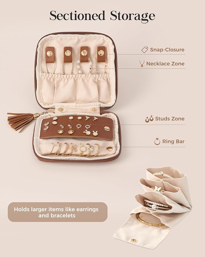 Lolalet Travel Jewelry Case Organizer, Small Jewellery Pouch with Compartments for Storage, Soft Velvet Bag for Traveling Women, Full-Zip Packing for Necklaces, Earrings, Bracelets -Brown - Image 4