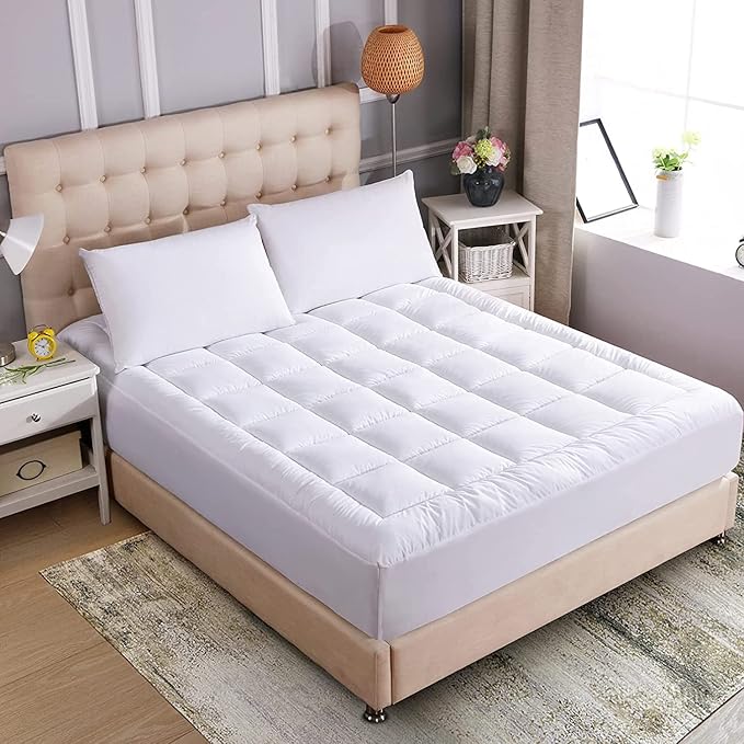 WhatsBedding Waterproof Mattress Pad King Size Cotton Top Down Alternative Filling Pillowtop Mattress Topper Cover-Fitted Quilted (Waterproof King)