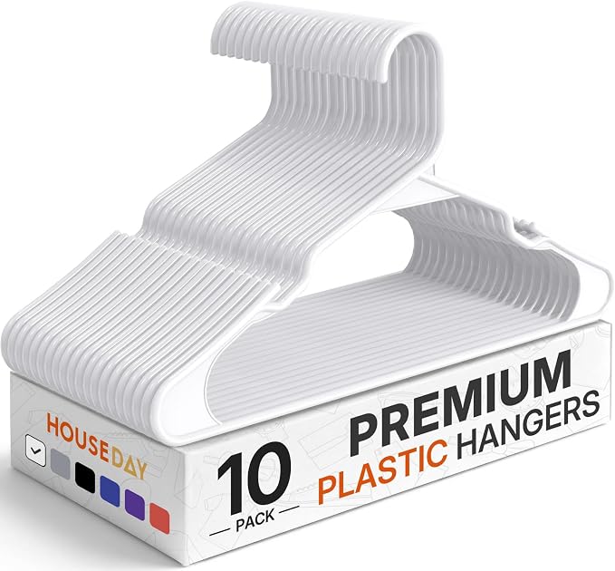 HOUSE DAY Premium Plastic Hangers 10 Pack, Clothes Hanger Space Saving, Heavy Duty Coat Hanger - Durable and Strong Closet Organizers and Storage Makes It Ideal Dorm Room Essentials (White) by HOUSEDAY