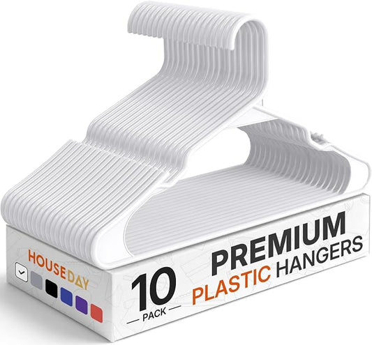 HOUSE DAY Premium Plastic Hangers 10 Pack, Clothes Hanger Space Saving, Heavy Duty Coat Hanger - Durable and Strong Closet Organizers and Storage Makes It Ideal Dorm Room Essentials (White) by HOUSEDAY