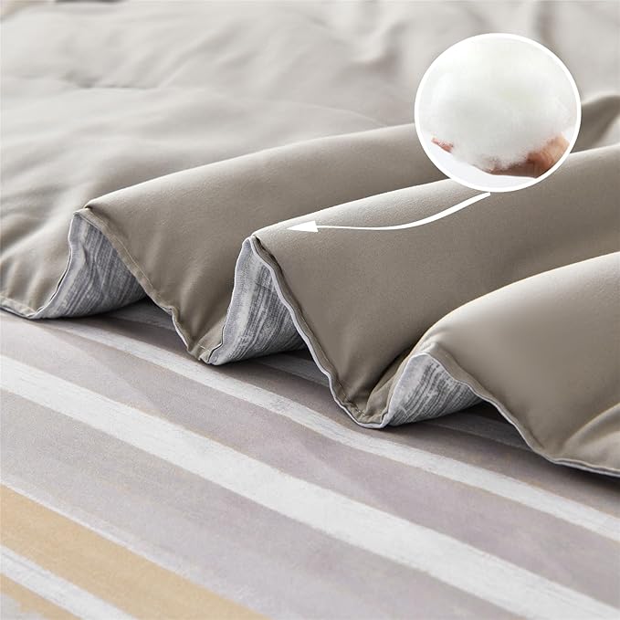 7 Piece Bed in a Bag Stripe Comforter Set Full Size, White Grey Khaki Striped Comforter and Sheet Set, All Season Soft Microfiber Complete Bedding Set(Khaki,Full)