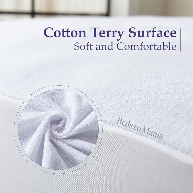 Alberta King Size 96x96” with 15”inch Deep Pocket White Color Mattress Protector Pad Cover Alberta King Fitted Style Terry Cotton Vinyl-Free Matress Protector Cover 100% Waterproof