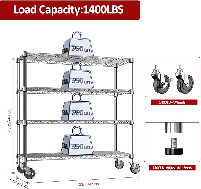 IZEUK 4-Tier Heavy Duty Metal Wire Shelving Unit, Adjustable Storage Rack Organizer for Garage, Kitchen, Office, Pantry, Warehouse (Chrome, 17.7" D x 47.2" W x 59.1" H) - Image 3