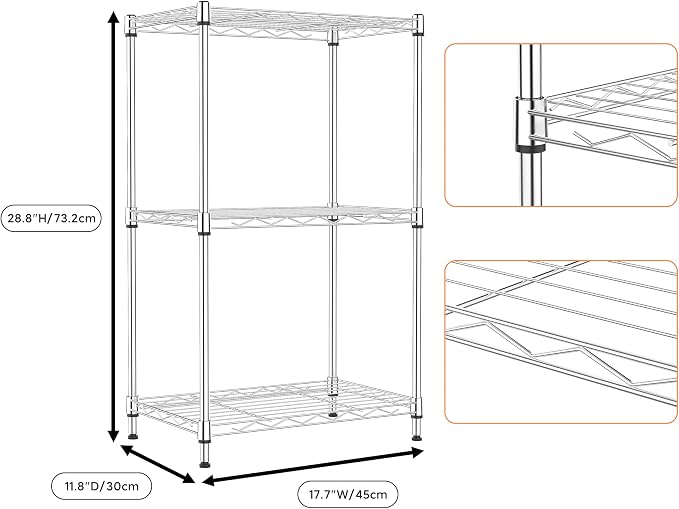 M MZG 3 Tiers Shelf Metal Storage Shelves Wire Rack Closet Organizers with Wheel for Garage Kitchen Bathroom Laundry Chrome 11.8" D x 17.7" W x 28.8" H - Image 8