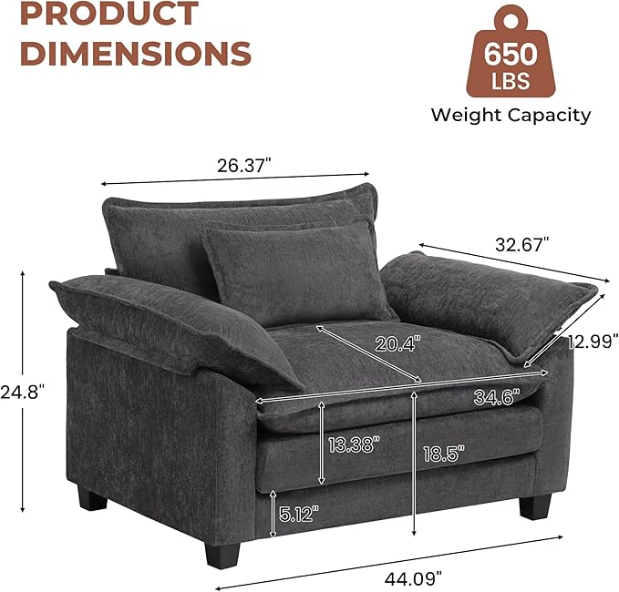 Oversized Accent Chairs Set of 2,Modern Chenille Cloud Sofa Chair with Deep Seat,Upholstered Armchair with Extra Thick,Comfy accent chairs Reading Chairs for Living Room Bedroom Apartment Darkgrey