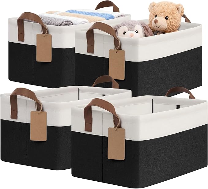 CHICVITA 4 Pack Storage Baskets for Shelves, Foldable Closet Baskets for Organizing, Fabric Storage Bins with Handles, Towel Organizer for Closet, 14.8" x 10.3" x 8.3", Black & White by CHICVITA