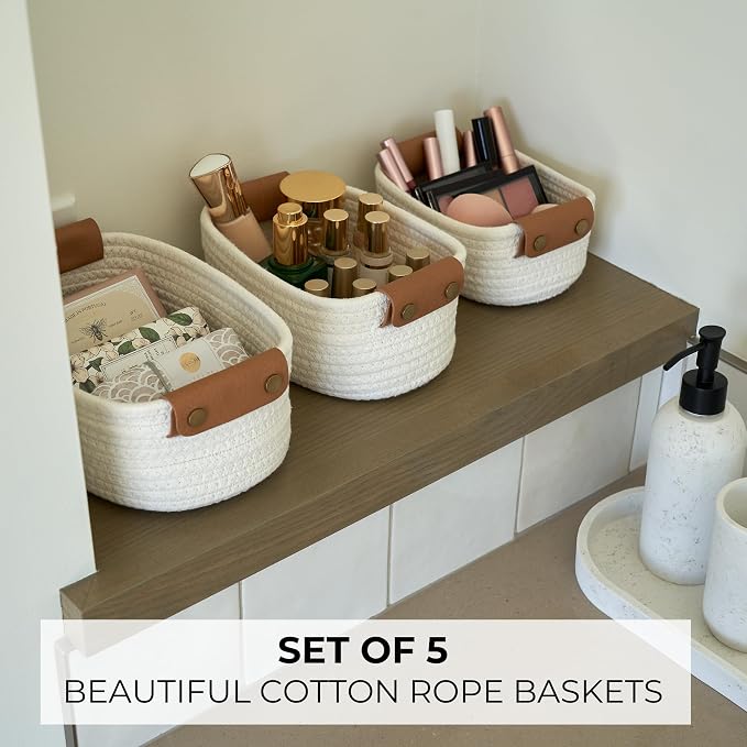 Beautiful Storage Basket Set of 5 - Sturdy Cotton Rope Baskets for Shelves Are Perfect for Organizing Your Home - Quality Storage Bins Easily Fit With Any Nursery or Bedroom Decor - Image 5
