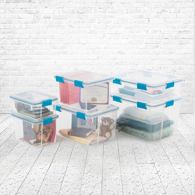 Sterilite 7.5 Qt Gasket Box, Stackable Storage Bin with Latching Lid and Tight Seal, Plastic Container to Organize Basement, Clear Base, Lid, 1-Pack - Image 3