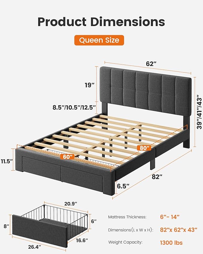 Pipishell Queen Bed Frame with 2 Storage Drawers, 12 Sturdy Legs, Solid Wooden Bed Base with Upholstered Headboard for 6″ to 12″ Mattresses, 1300 lbs High Weight Capacity, Easy Assembly, Dark Gray