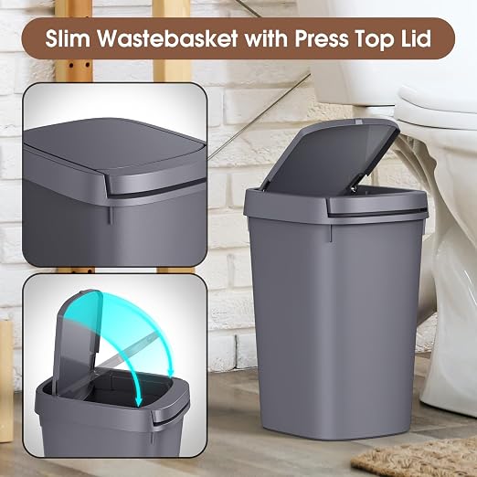 CEROELDA 3 Pack Bathroom Trash Can with Lid, 10L/2.6 Gal Small Garbage Can with Press Top Lid, Slim Plastic Waste Basket for Toilet, Office, Bedroom (Grey) - Image 2