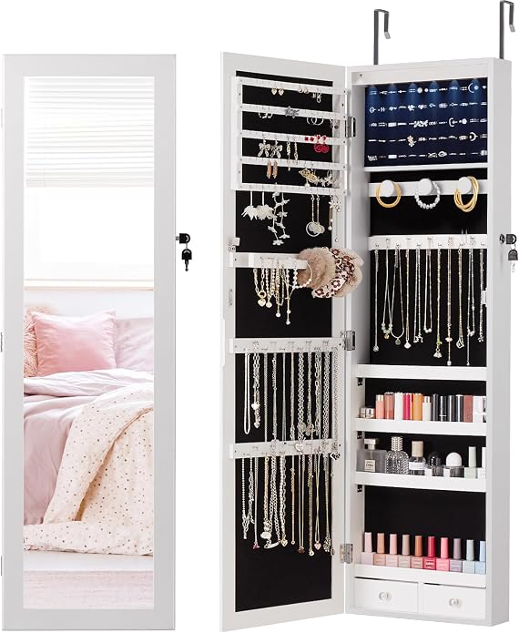 DUMOS 6 LEDs Mirror Jewelry Cabinet, Wall or Door Mounted Jewelry Organizer, 47.2-Inch Tall Lockable Large Capacity Cosmetic Storage, Gift Idea by DumosLifestyle