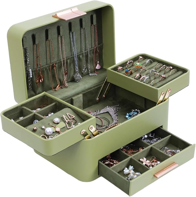 KAMIER Jewelry Box for Women, 3 Layers Jewelry Organizer with Drawers, Large Jewelry Storage Organizer for Earring, Ring, Necklace, Bracelets, Green by KAMIER