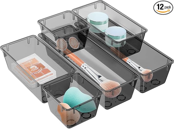 WOWBOX 12 Pack Clear Drawer Organizer Set, Acrylic Drawer Storage Trays, Storage Bins for Makeup, Cosmetics, Jewelries, Utensils, Gadgets, Office, Black by WOWBOX
