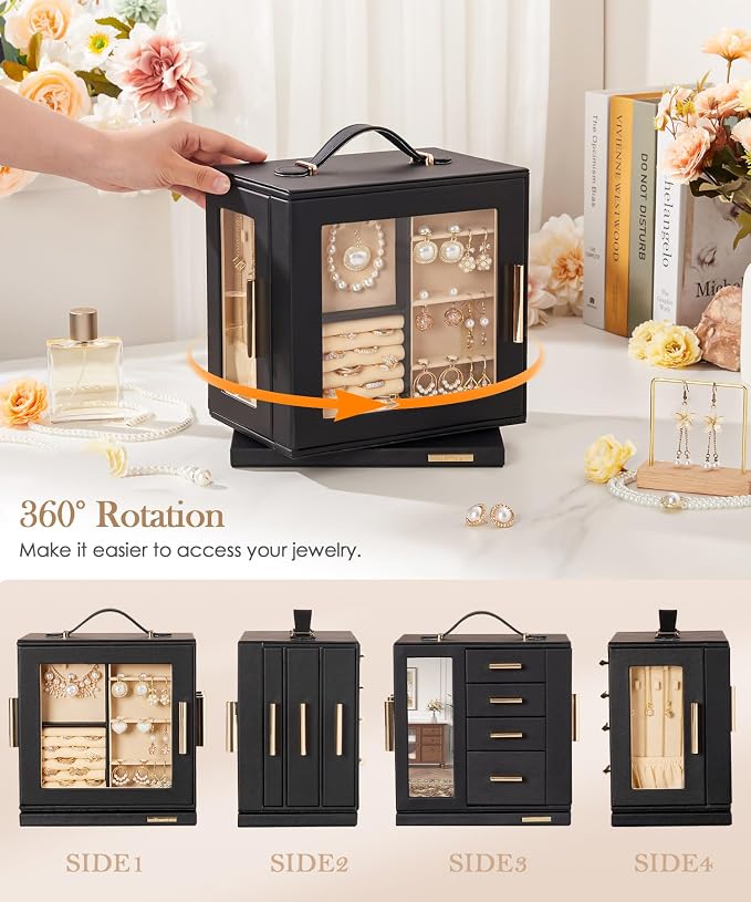 Homde Jewelry Box for Women Large: Rotating Organizer for Ring Earring Necklace Bracelet - 7 Drawers Storage for Dresser (Black) - Image 3