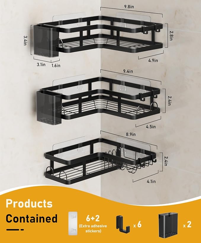 3 Pack Corner Shower Caddy Organizer, Rustproof Corner Shower Shelves, No Drilling Bathroom Corner Shelf with Hooks and Toothpaste Holder - Image 7