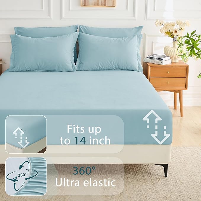 MUXHOMO 7 Pieces King Comforter Set, Soft Bed in a Bag King Size, All Season Bedding Set with Comforter, Flat Sheet, Fitted Sheet, Pillowcases & Shams, Lake Blue