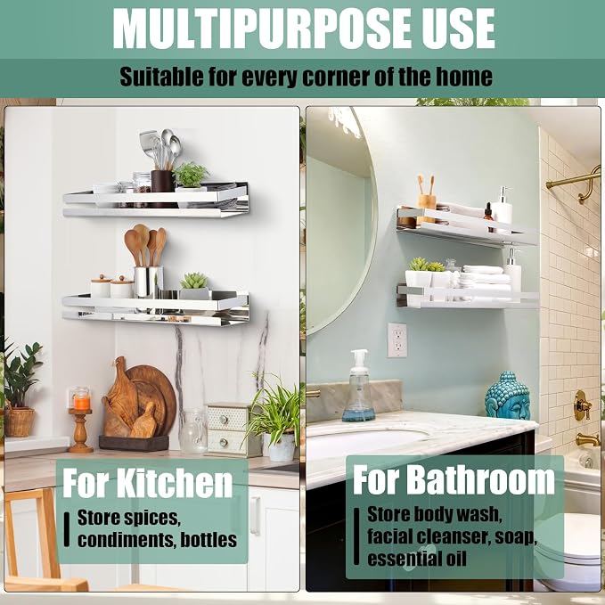 Lallisa 2 Pieces Stainless Steel Shelf Bathroom Shower Floating Shelves Wall Mounted Shower Caddy Basket Shelf Storage Organizer Shelves for Bathroom, Kitchen, Living Room (15.75 Inch/ 40 cm,Shiny) - Image 7