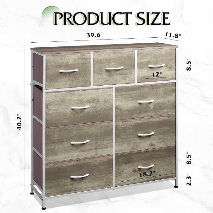 WLIVE 9-Drawer Dresser, Fabric Storage Tower for Bedroom, Hallway, Nursery, Closet, Tall Chest Organizer Unit with Fabric Bins, Steel Frame, Wood Top, Easy Pull Handle, Greige - Image 3