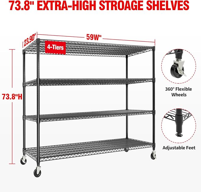 4-Tiers Storage Shelves 59" W Heavy Duty Garage Shelving Units with Adjustable Shelf and Wheels, 2640LBS Capactiy Wire Shelving Rack for Garage Pantry Kitchen Industrial - Image 2