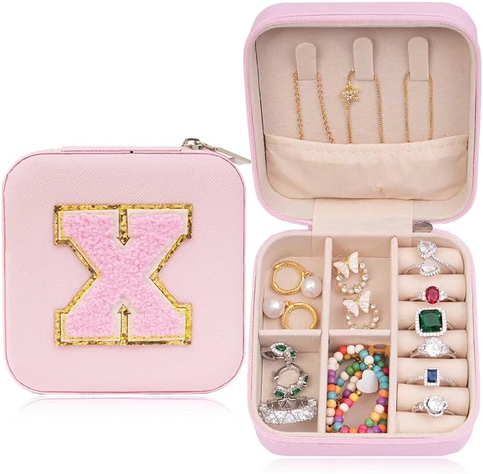 ETHOON Jewelry Travel Case Small Organizer Stocking Box Personalized Gifts Teenage Jewelry Accessories Holiday Wedding Christmas Gift for Women Pink, Letter X by ETHOON