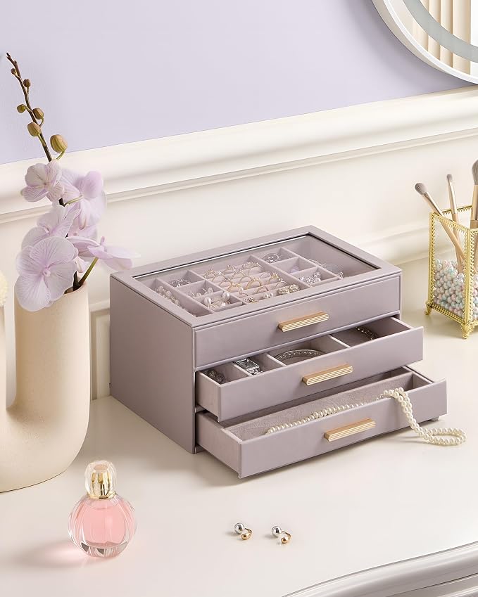 Lolalet Jewelry Box Organizer, 3-Layer Jewelry Organizers and Storage Case with Glass Lid, Ring Earring Bracelet Necklace Holder Organizer, Birthday Valentine Gifts for Women Girls -3Layer, HazePurple - Image 2