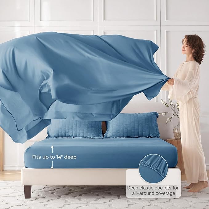 MUXHOMO 7 Pieces King Comforter Set, Seersucker Bed in a Bag King Size, All Season Luxury Bedding Set with Comforter, Flat Sheet, Fitted Sheet, Pillowcases & Shams, Mineral Blue