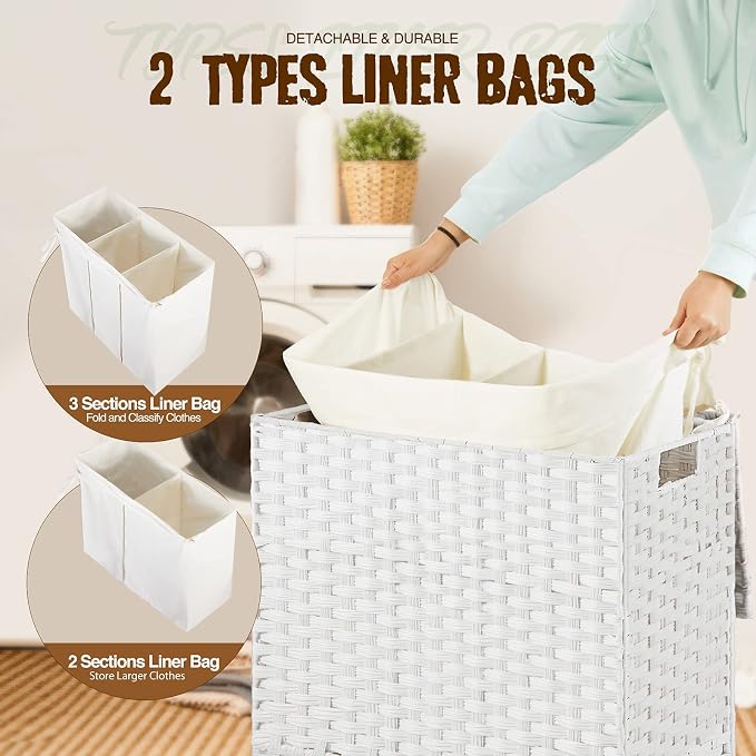 Greenstell Laundry Hamper with Lid, 125L Large Clothes Hamper with 3 Section & 2 Section Removable Liner Bags & 5 Mesh Laundry Bags, Handwoven Synthetic Rattan Divided Laundry Basket, White - Image 2