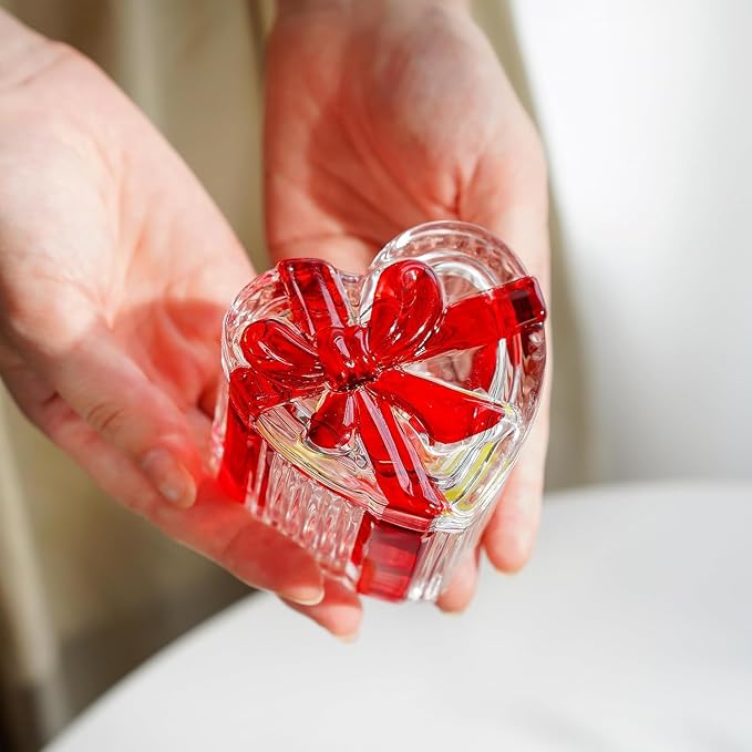 kanpura 2 Pack Glass Heart Shaped Jewelry Box Candy Dish with Lid Ring Earring Trinket Storage Box Vintage Jewelry Organizer Decorative Jar Gifts for Women Girls(Red & Clear) - Image 6