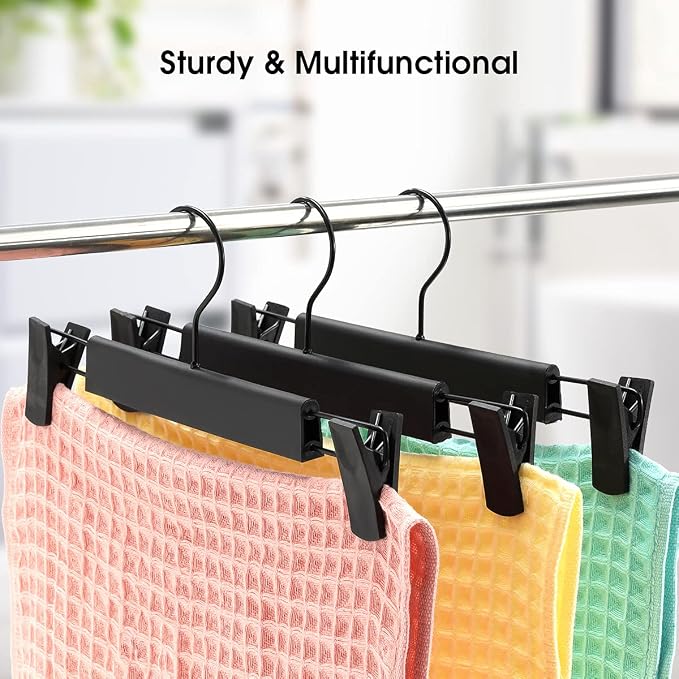 GUANJUNE 10 Pack Clothes Pants Hangers, Space-Saving Skirt Holders with 360 ° Swivel Hooks, Adjustable Clips, Trouser Coat Garment Jeans Black - Image 6