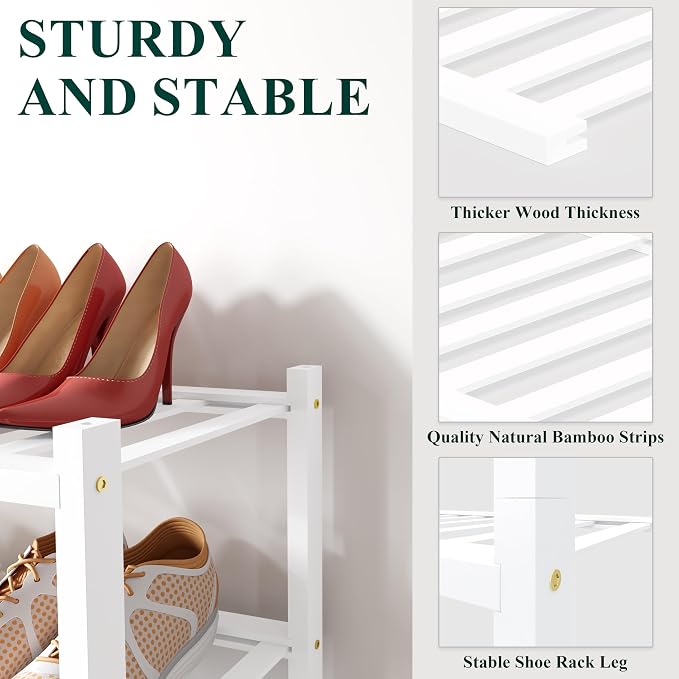 Smiry Bamboo Shoe Rack for Closet, 6 Tier Small Wooden Stackable Shoe Organizer, Free Standing Shoes Storage Shelf for Entryway, Front Door Entrance, White - Image 2