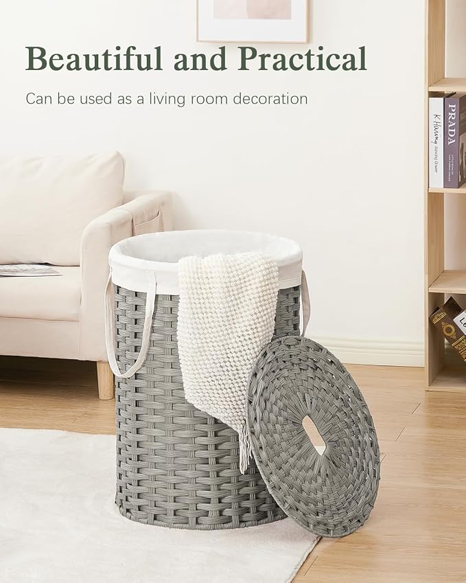 SETVSON Laundry Basket with Lid Round Rattan Laundry Hamper with Lid and Handles 29.1 Gal (110 L) Handwoven Woven Basket with Removable Bags and 2 Mesh Bags for Bathroom Living Room Gray - Image 7