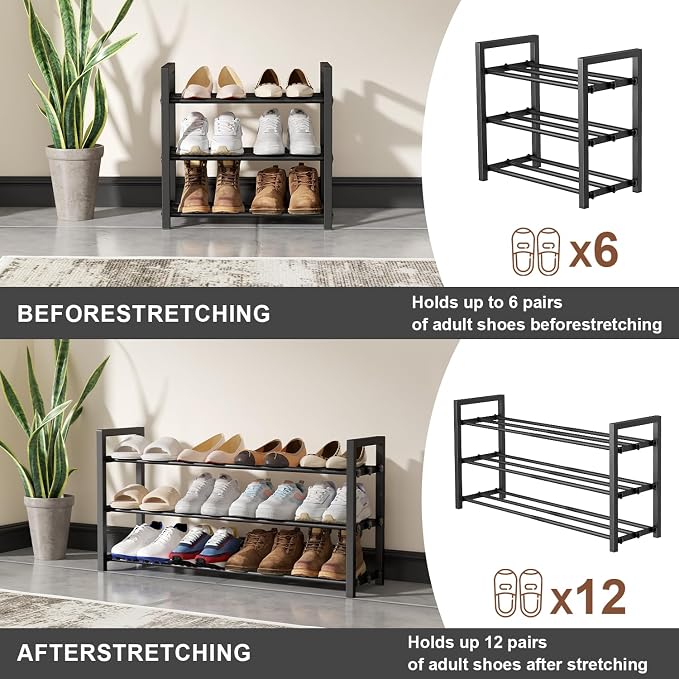 3-Tier Expandable Shoe Rack, Adjustable Shoe Shelf Storage Organizer Heavy Duty Metal Free Standing Shoe Rack for Entryway Closet Doorway (Black) - Image 4