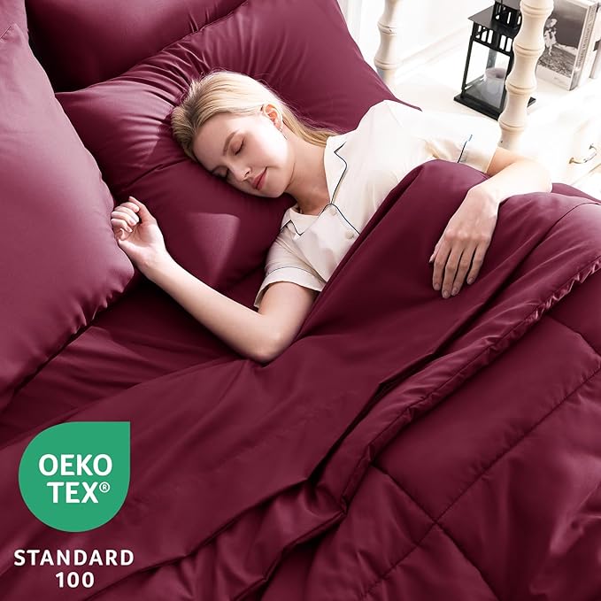 CozyLux Queen Comforter Set Burgundy, 7 Pieces Bed in a Bag, Red Comforters Queen Size, All Season Bedding Sets with Stitch Quilted Comforter, Flat Sheet, Fitted Sheet, Pillowcases
