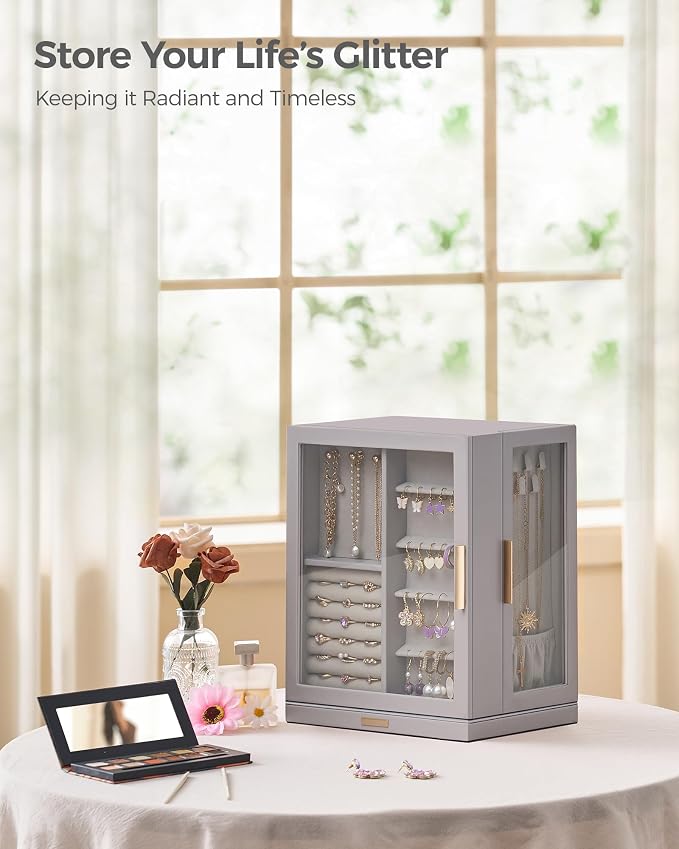 Glimmloop 360° Rotating Jewelry Box with 5 Drawers, Spacious Vertical Jewelry Organizer with Glass Window, Jewelry Storage Case, Dustproof & Moisture-resistant Design, Grey - Image 2