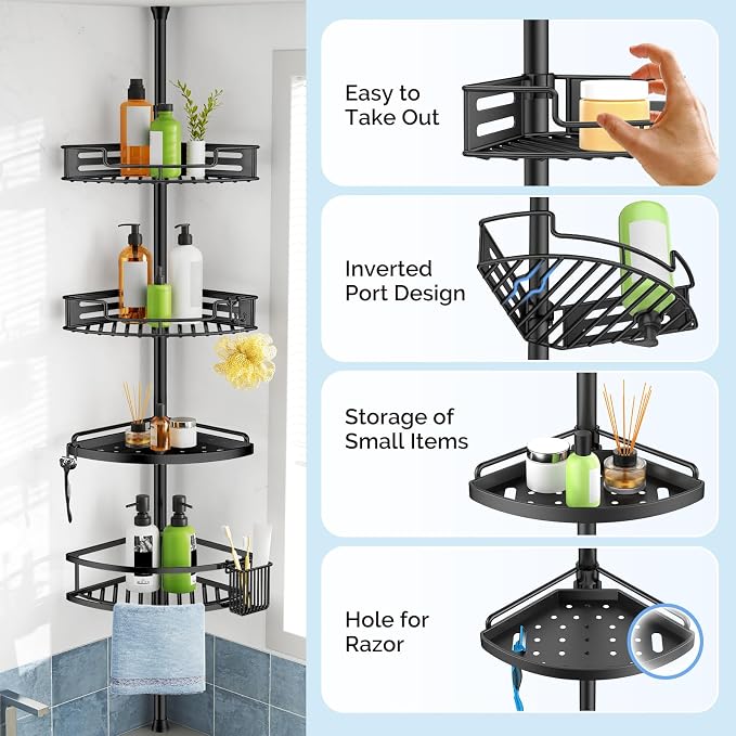 HAMITOR Corner Shower Caddy Tension Pole: Quick Installation 4-Tier Rustproof Bathroom Organizer Shelves for Bathtub Shampoo Storage - 47-121 inch Adjustable Floor Standing Bath Rack Holder - Black - Image 5