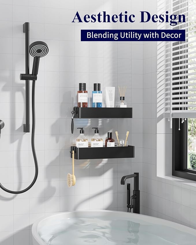 Kitsure Shower Caddy - 2 Pack Adhesive Shower Organizer, Rustproof Metal Shelves, No-Drill Bathroom Organizers and Storage, Black, Large - Image 2