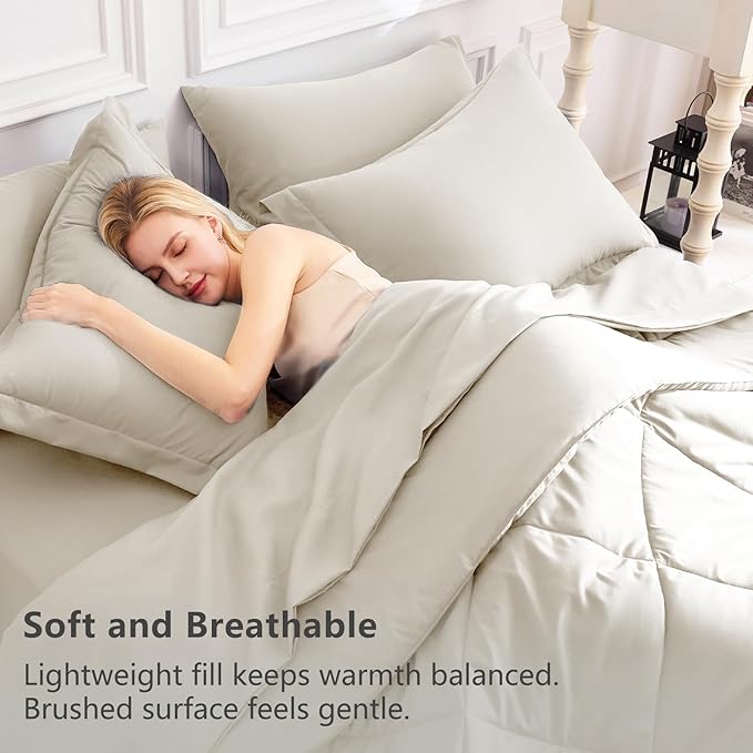 CozyLux Queen Comforter Set Oatmeal - Bed in a Bag Queen Size 7 Pieces, Luxury Soft Bed Set for All Seasons, Bedding Set with Down Alternative Comforter, Sheets, Pillowcases & Shams