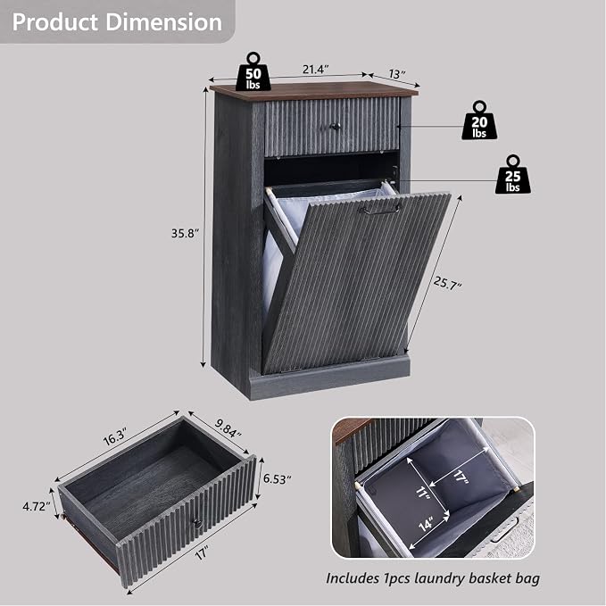 IFBUY Modern Tilt-Out Laundry Hamper Cabinet, 10 Gallon Fluted Trash Can Cabinet with Drawer, Wooden Hidden Garbage Can Cabinets with Laundry Basket, Free Standing for Bathroom and Kitchen, Grey - Image 2