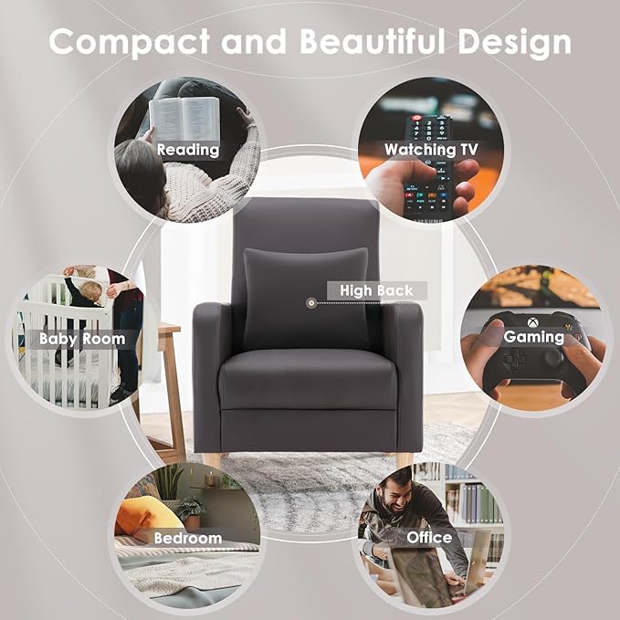 COLAMY Modern Upholstered Accent Chair Armchair with Pillow, PU Leather Reading Living Room Side Chair,Single Sofa with Wood Legs, Brown