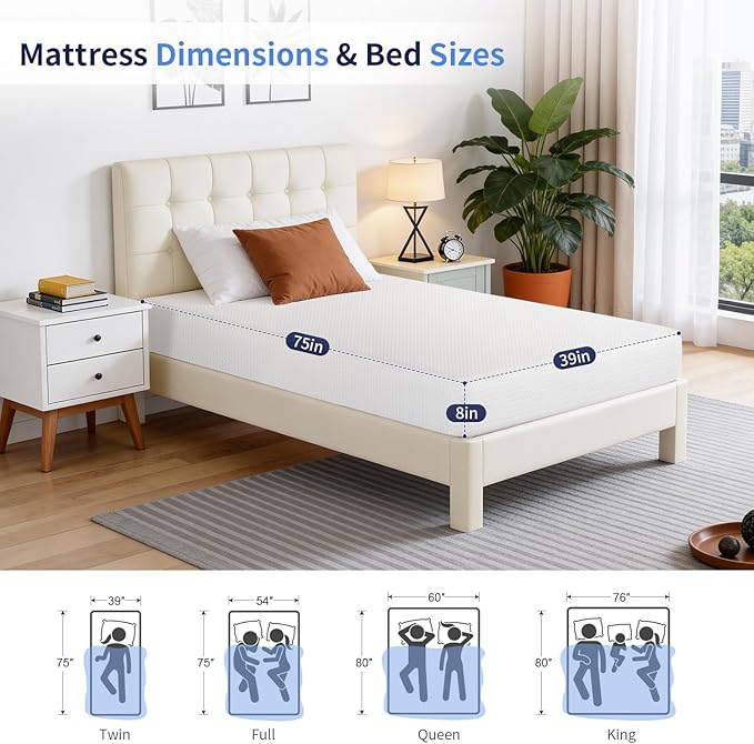 FDW | 8 Inch Twin Mattress | Medium Firm | Gel Memory Foam Mattress | White | Bed in a Box, CertiPUR-US Certified | Pressure Relief, Cooling Ventilated Foam | Washable Removable Cover