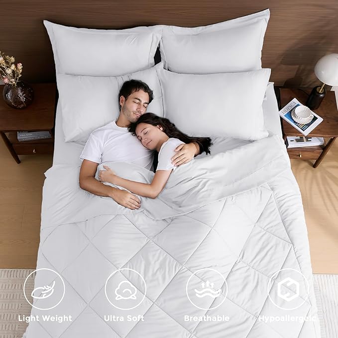 HEVUMYI King Comforter Set - 7-Piece All Season Bed in a Bag King, Ultra Soft Bedding Set with Comforter, Flat Sheet, Fitted Sheet, Pillowcases, Pillow Shams, White