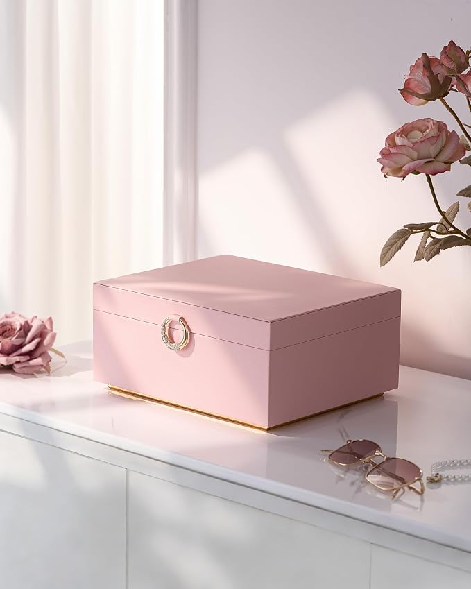 pickpiff 2 Layer Jewelry Box Organizer for Women, Jewelry Organizer with Handle & Removable Tray, Necklace Holder Ring Earring Storage, Velvet Lined Jewelry Case for Home or Travel, Gift Ready, Pink - Image 8