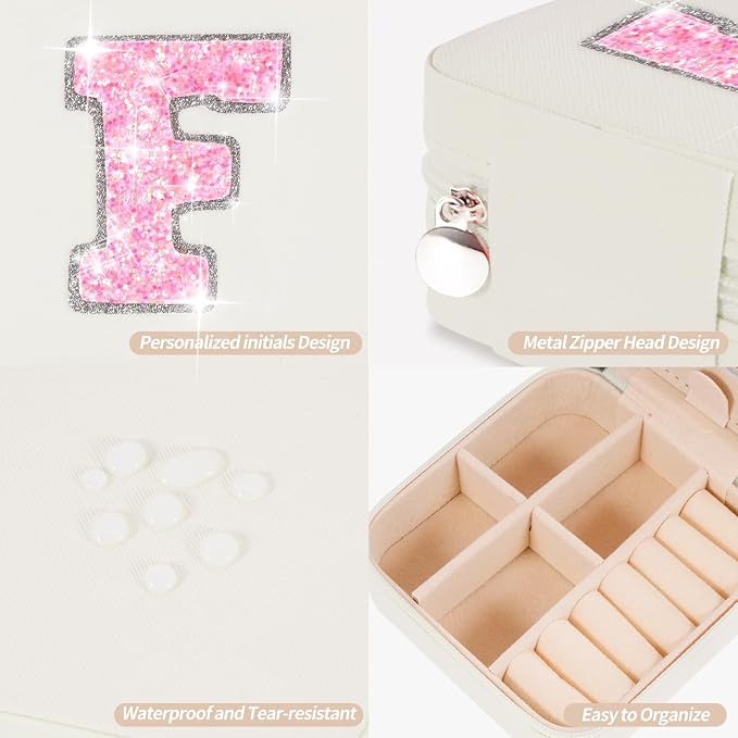 Uygafly Personalized Jewelry Case for Women Girls - Fashion Mini Jewelry Boxes - Trendy Travel Jewelry Organizer with Initials Letter - Teen Gifts | Cream,F - Image 4