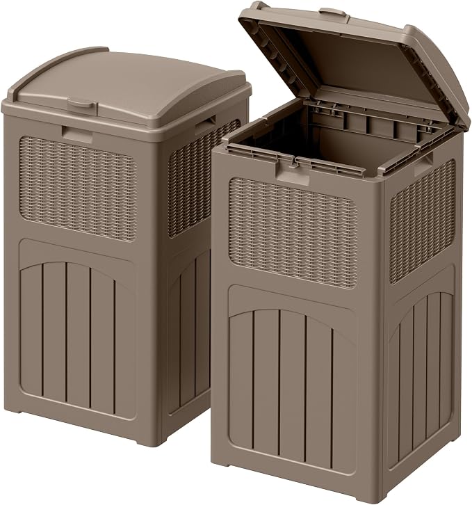 Devoko 33 Gallon Outdoor Trash Can with Dual Lid, Heavy Duty Waterproof Resin Garbage Bins Outside, Hideaway Waste Bins for Patio, Outside Pool, Backyard and Deck (2, Brown) by DEVOKO
