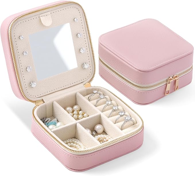 Genuine Leather Travel Jewelry Organizer Case with Mirror for Women, Small Mini Portable Jewelry Box for Ring Earrings Necklace Bracelet Luxury Gift for Women（Pink） by NGVRC